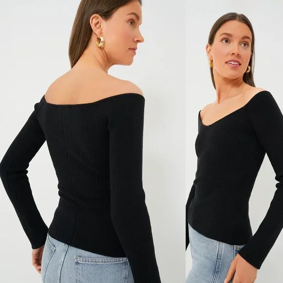 Tuckernuck NEW Black Knit Nicola Compression Off the Shoulder V Neck Top Size L - Picture 2 of 9